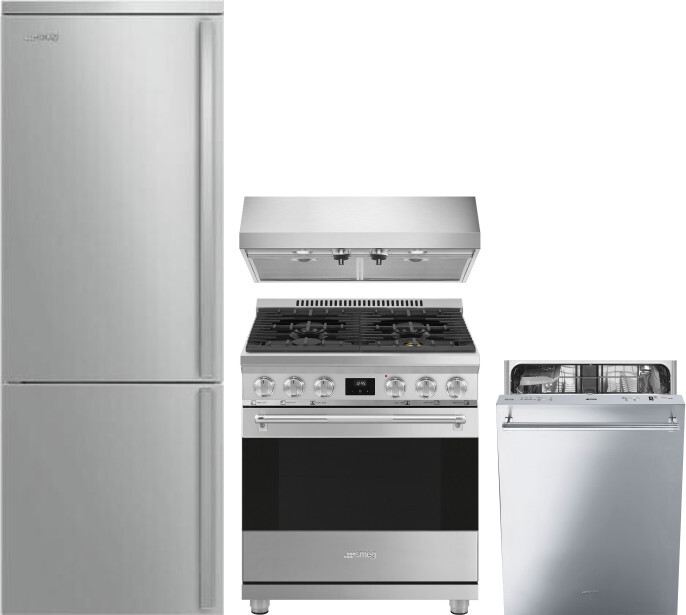 Smeg 4 Piece Kitchen Appliances Package with Bottom Freezer Refrigerator, Gas Range and Dishwasher in Stainless Steel SMRERADWRH710