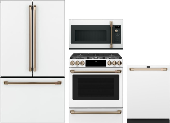 Cafe 4 Piece Kitchen Appliances Package with French Door Refrigerator, Gas Range, Dishwasher and Over the Range Microwave in Matte White CAFRERADWMW10