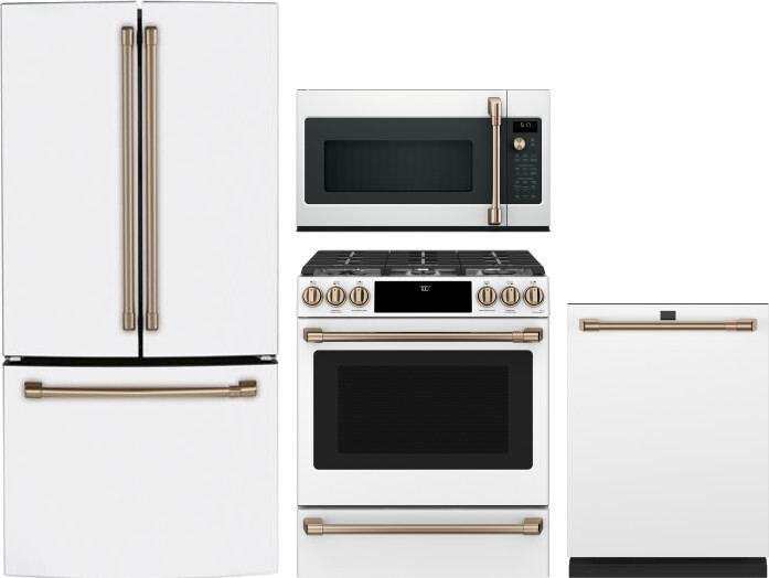 Cafe 4 Piece Kitchen Appliances Package with French Door Refrigerator, Gas Range, Dishwasher and Over the Range Microwave in Matte White CAFRERADWMW10