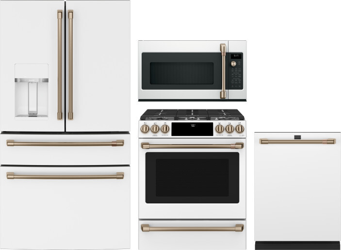 Cafe 4 Piece Kitchen Appliances Package with French Door Refrigerator, Gas Range, Dishwasher and Over the Range Microwave in Matte White CAFRERADWMW10