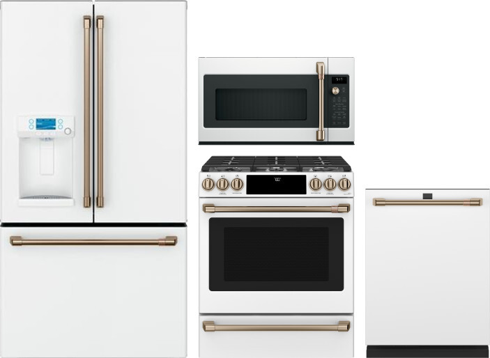 Cafe 4 Piece Kitchen Appliances Package with French Door Refrigerator, Gas Range, Dishwasher and Over the Range Microwave in Matte White CAFRERADWMW10
