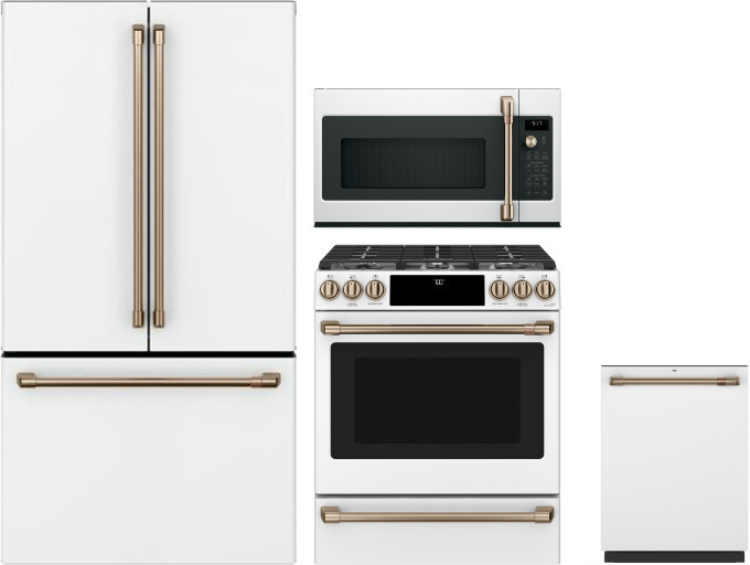 Cafe 4 Piece Kitchen Appliances Package with French Door Refrigerator, Gas Range, Dishwasher and Over the Range Microwave in Matte White CAFRERADWMW10