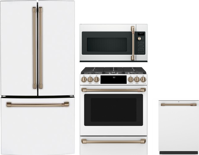 Cafe 4 Piece Kitchen Appliances Package with French Door Refrigerator, Gas Range, Dishwasher and Over the Range Microwave in Matte White CAFRERADWMW10