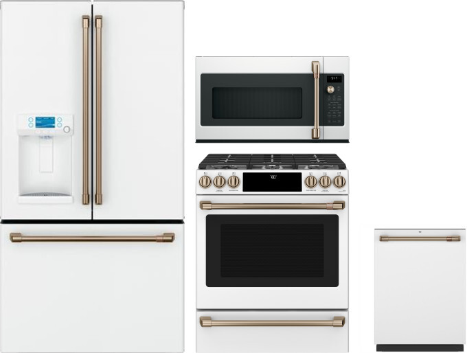 Cafe 4 Piece Kitchen Appliances Package with French Door Refrigerator, Gas Range, Dishwasher and Over the Range Microwave in Matte White CAFRERADWMW10