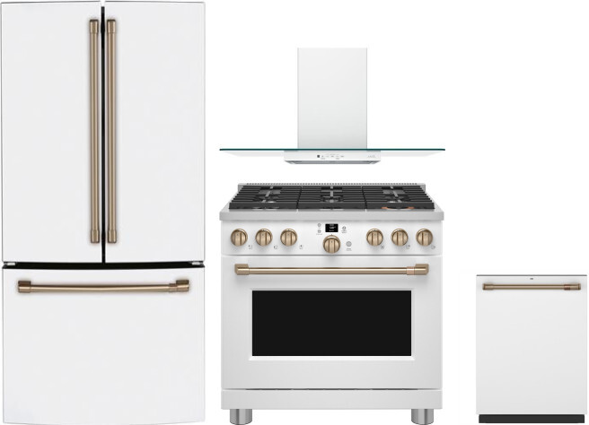 Cafe 4 Piece Kitchen Appliances Package with French Door Refrigerator, Gas Range and Dishwasher in Matte White CAFRERADWMW1066
