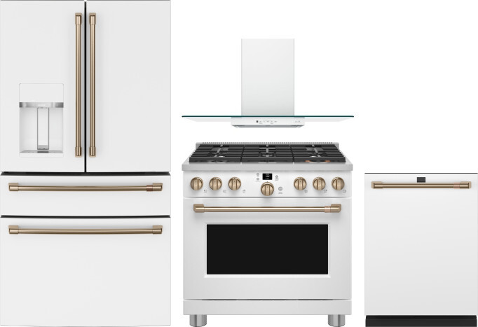 Cafe 4 Piece Kitchen Appliances Package with French Door Refrigerator, Gas Range and Dishwasher in Matte White CAFRERADWMW1067