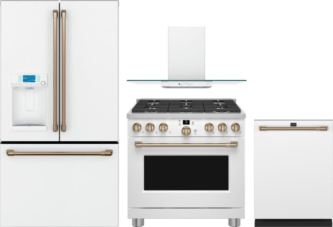 Cafe 4 Piece Kitchen Appliances Package with French Door Refrigerator, Gas Range and Dishwasher in Matte White CAFRERADWMW1069