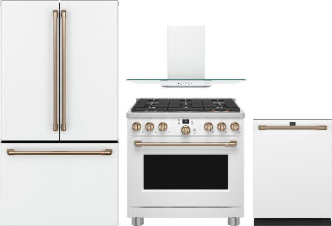 Cafe 4 Piece Kitchen Appliances Package with French Door Refrigerator, Dual Fuel Range and Dishwasher in Matte White CAFRERADWMW1073