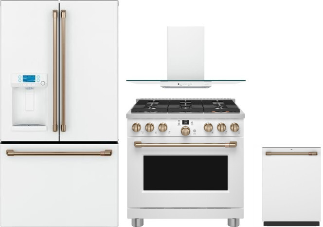 Cafe 4 Piece Kitchen Appliances Package with French Door Refrigerator, Dual Fuel Range and Dishwasher in Matte White CAFRERADWMW1074