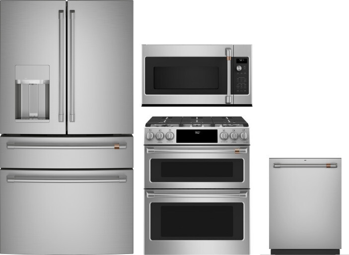 Cafe 4 Piece Kitchen Appliances Package with French Door Refrigerator, Dual Fuel Range, Dishwasher and Over the Range Microwave in Stainless Steel CAF