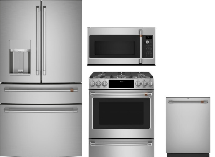 Cafe 4 Piece Kitchen Appliances Package with French Door Refrigerator, Dual Fuel Range, Dishwasher and Over the Range Microwave in Stainless Steel CAF