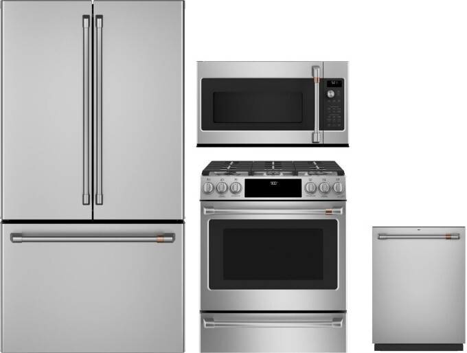 Cafe 4 Piece Kitchen Appliances Package with French Door Refrigerator, Dual Fuel Range, Dishwasher and Over the Range Microwave in Stainless Steel CAF