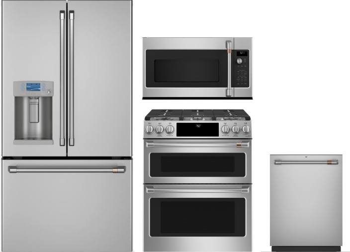 Cafe 4 Piece Kitchen Appliances Package with French Door Refrigerator, Gas Range, Dishwasher and Over the Range Microwave in Stainless Steel CAFRERADW