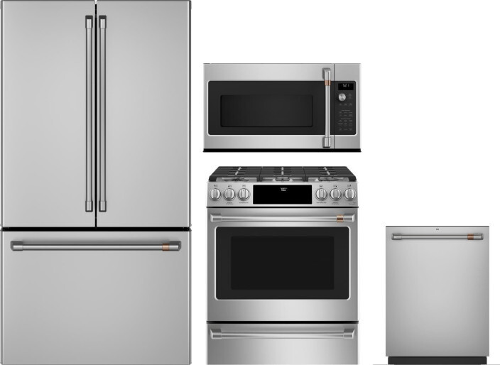 Cafe 4 Piece Kitchen Appliances Package with French Door Refrigerator, Gas Range, Dishwasher and Over the Range Microwave in Stainless Steel CAFRERADW