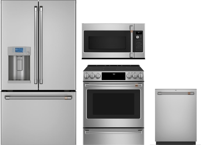 Cafe 4 Piece Kitchen Appliances Package with French Door Refrigerator, Electric Range, Dishwasher and Over the Range Microwave in Stainless Steel CAFR