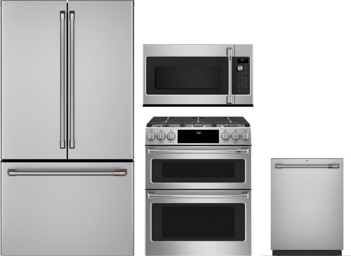 Cafe 4 Piece Kitchen Appliances Package with French Door Refrigerator, Dual Fuel Range, Dishwasher and Over the Range Microwave in Stainless Steel CAF