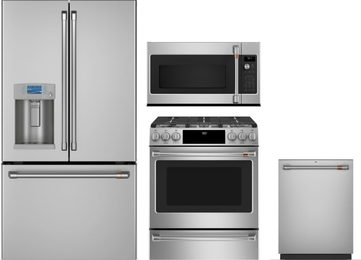 Cafe 4 Piece Kitchen Appliances Package with French Door Refrigerator, Dual Fuel Range, Dishwasher and Over the Range Microwave in Stainless Steel CAF