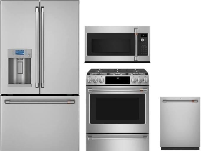 Cafe 4 Piece Kitchen Appliances Package with French Door Refrigerator, Gas Range, Dishwasher and Over the Range Microwave in Stainless Steel CAFRERADW