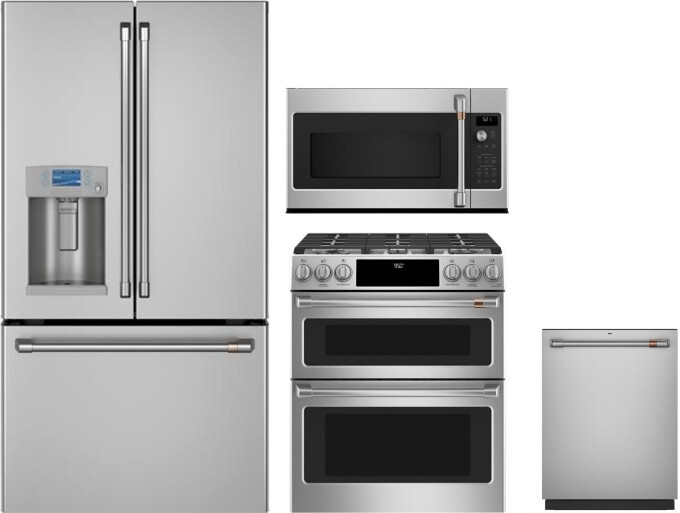 Cafe 4 Piece Kitchen Appliances Package with French Door Refrigerator, Dual Fuel Range, Dishwasher and Over the Range Microwave in Stainless Steel CAF