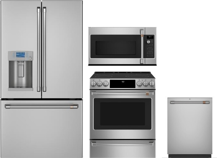 Cafe 4 Piece Kitchen Appliances Package with French Door Refrigerator, Electric Range, Dishwasher and Over the Range Microwave in Stainless Steel CAFR