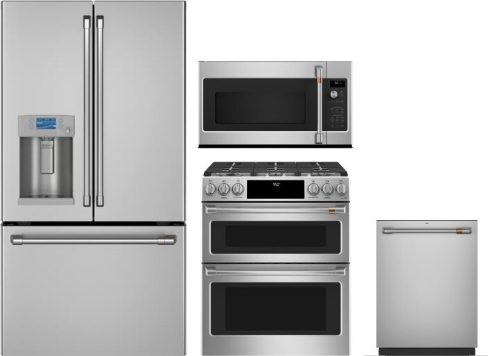 Cafe 4 Piece Kitchen Appliances Package with French Door Refrigerator, Dual Fuel Range, Dishwasher and Over the Range Microwave in Stainless Steel CAF