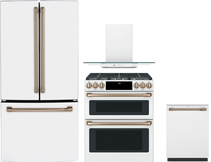 Cafe 4 Piece Kitchen Appliances Package with French Door Refrigerator, Gas Range and Dishwasher in Matte White CAFRERADWMW1109