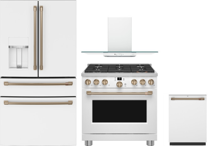 Cafe 4 Piece Kitchen Appliances Package with French Door Refrigerator, Gas Range and Dishwasher in Matte White CAFRERADWMW1116