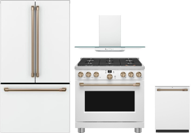 Cafe 4 Piece Kitchen Appliances Package with French Door Refrigerator, Dual Fuel Range and Dishwasher in Matte White CAFRERADWMW1123