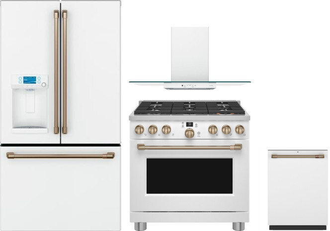 Cafe 4 Piece Kitchen Appliances Package with French Door Refrigerator, Dual Fuel Range and Dishwasher in Matte White CAFRERADWMW1135