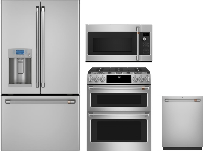 Cafe 4 Piece Kitchen Appliances Package with French Door Refrigerator, Dual Fuel Range, Dishwasher and Over the Range Microwave in Stainless Steel CAF