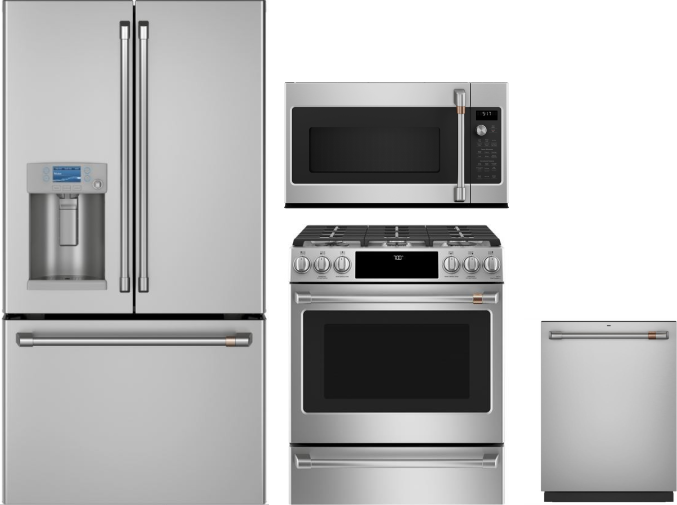Cafe 4 Piece Kitchen Appliances Package with French Door Refrigerator, Gas Range, Dishwasher and Over the Range Microwave in Stainless Steel CAFRERADW