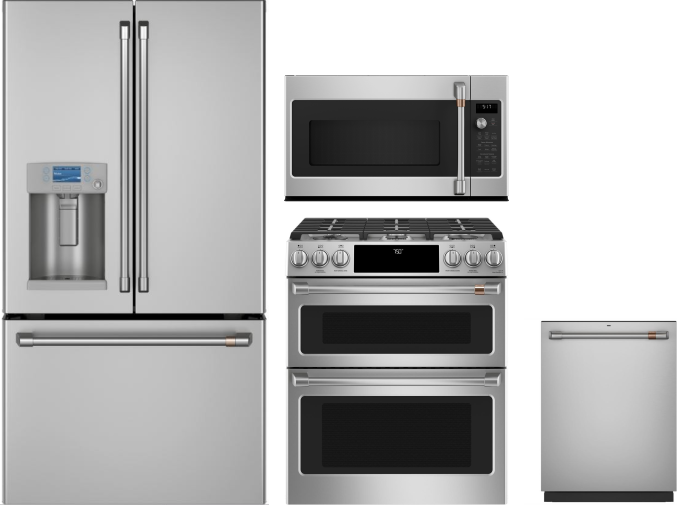 Cafe 4 Piece Kitchen Appliances Package with French Door Refrigerator, Gas Range, Dishwasher and Over the Range Microwave in Stainless Steel CAFRERADW