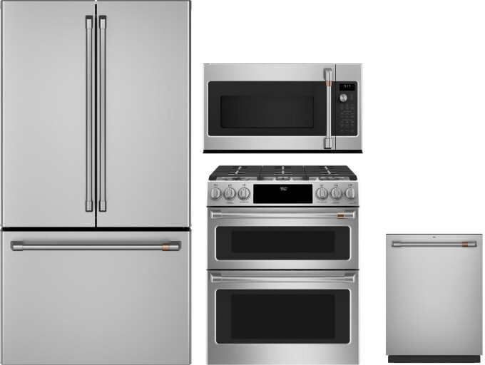 Cafe 4 Piece Kitchen Appliances Package with French Door Refrigerator, Dual Fuel Range, Dishwasher and Over the Range Microwave in Stainless Steel CAF