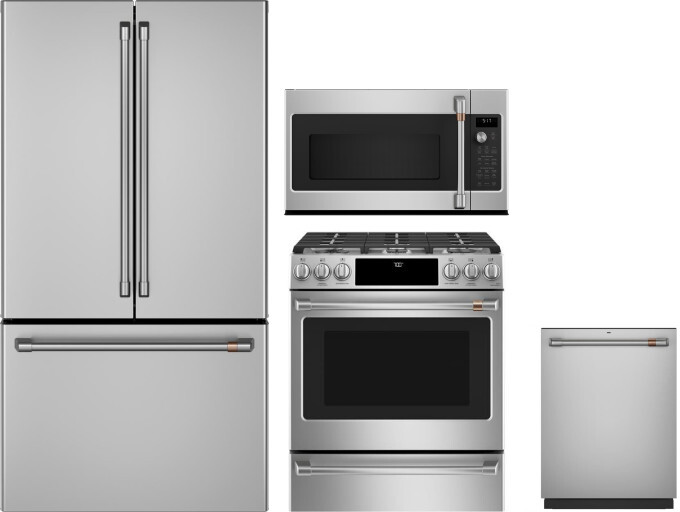 Cafe 4 Piece Kitchen Appliances Package with French Door Refrigerator, Gas Range, Dishwasher and Over the Range Microwave in Stainless Steel CAFRERADW