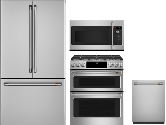 Cafe 4 Piece Kitchen Appliances Package with French Door Refrigerator, Gas Range, Dishwasher and Over the Range Microwave in Stainless Steel CAFRERADW