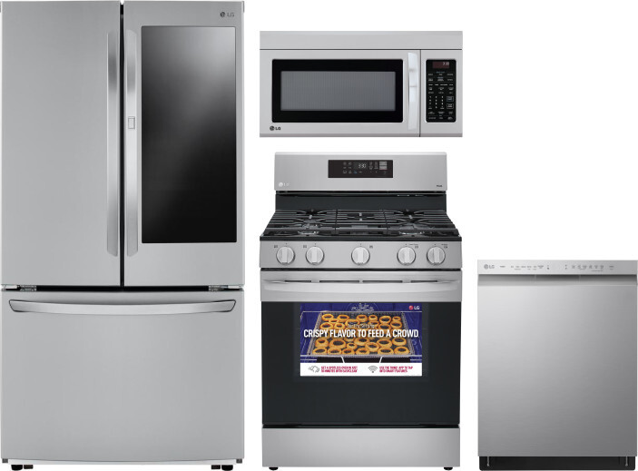 LG 4 Piece Kitchen Appliances Package with French Door Refrigerator, Gas Range, Dishwasher and Over the Range Microwave in Stainless Steel LGRERADWMW3