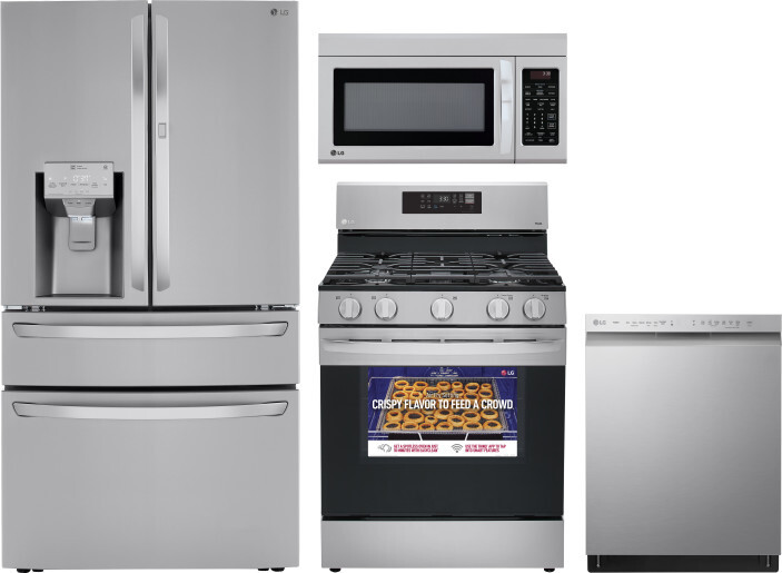 LG 4 Piece Kitchen Appliances Package with French Door Refrigerator, Gas Range, Dishwasher and Over the Range Microwave in Stainless Steel LGRERADWMW3