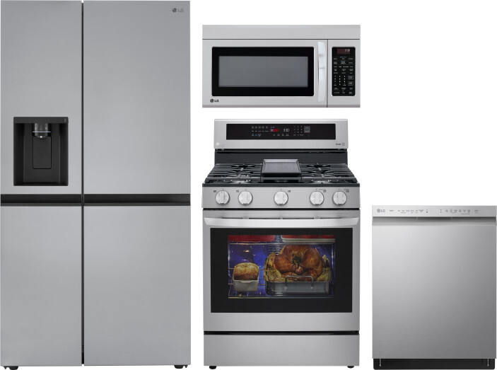 LG 4 Piece Kitchen Appliances Package with Side-by-Side Refrigerator, Gas Range, Dishwasher and Over the Range Microwave in Stainless Steel LGRERADWMW