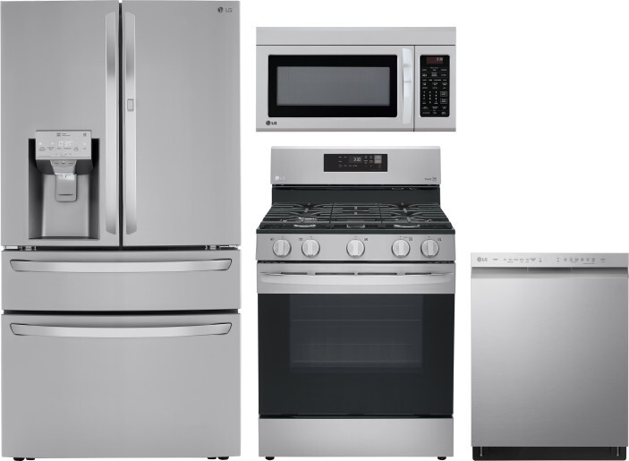 LG 4 Piece Kitchen Appliances Package with French Door Refrigerator, Gas Range, Dishwasher and Over the Range Microwave in Stainless Steel LGRERADWMW3