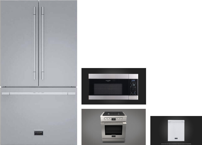 Fulgor Milano 4 Piece Kitchen Appliances Package with French Door Refrigerator, Dual Fuel Range, Over the Range Microwave and Dishwasher in Stainless 