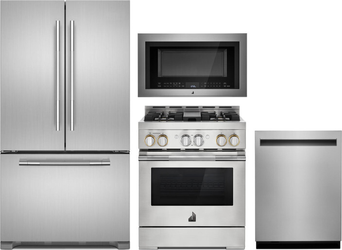 JennAir 4 Piece Kitchen Appliances Package with French Door Refrigerator, Gas Range, Dishwasher and Over the Range Microwave in Stainless Steel JARERA
