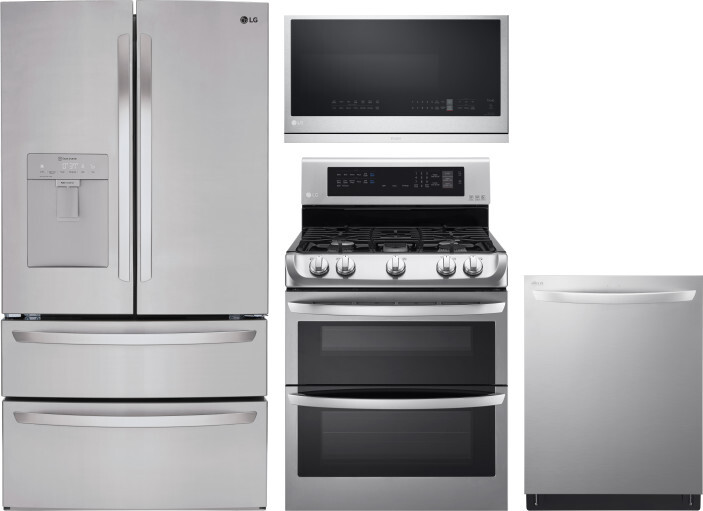 LG 4 Piece Kitchen Appliances Package with French Door Refrigerator, Gas Range, Dishwasher and Over the Range Microwave in Stainless Steel LGRERADWMW3 -  LRMWS2906S