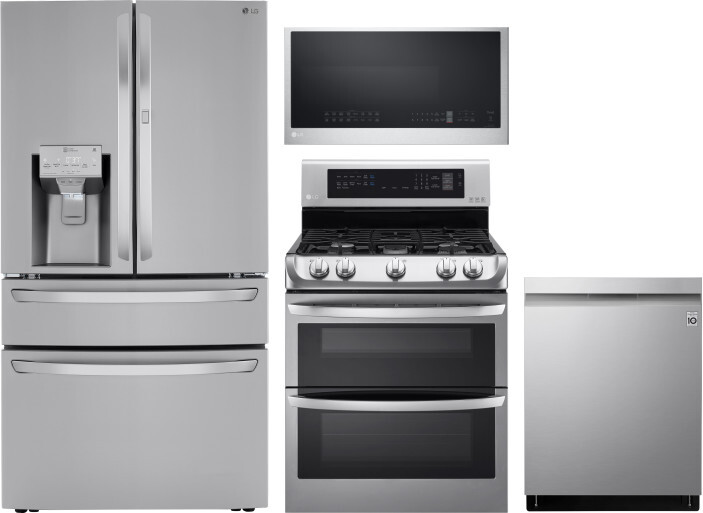 LG 4 Piece Kitchen Appliances Package with French Door Refrigerator, Gas Range, Dishwasher and Over the Range Microwave in Stainless Steel LGRERADWMW3