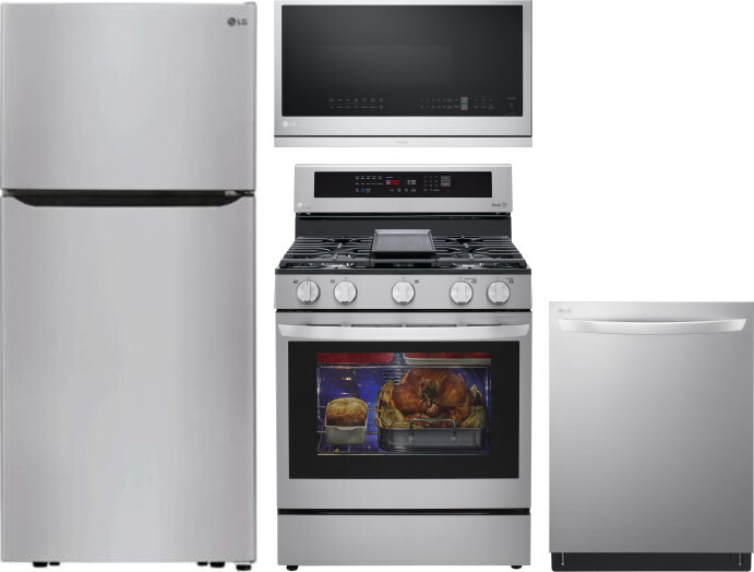 LG 4 Piece Kitchen Appliances Package with Top Freezer Refrigerator, Gas Range, Dishwasher and Over the Range Microwave in Stainless Steel LGRERADWMW3 -  LTCS20020S
