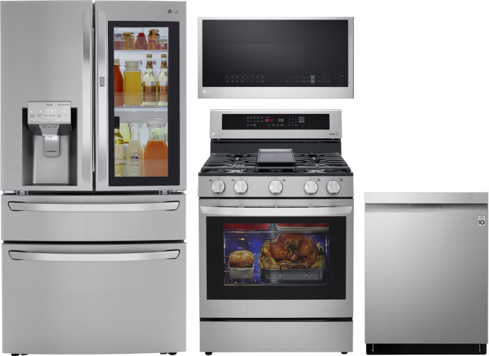 LG 4 Piece Kitchen Appliances Package with French Door Refrigerator, Gas Range, Dishwasher and Over the Range Microwave in Stainless Steel LGRERADWMW3