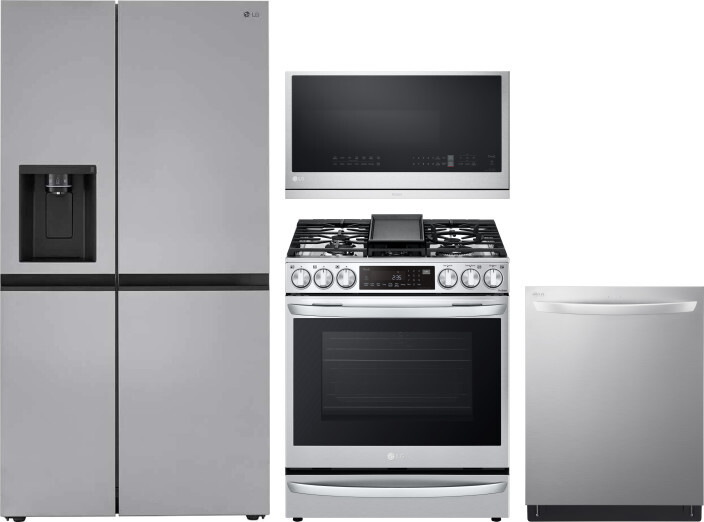 LG 4 Piece Kitchen Appliances Package with Side-by-Side Refrigerator, Gas Range, Dishwasher and Over the Range Microwave in Stainless Steel LGRERADWMW