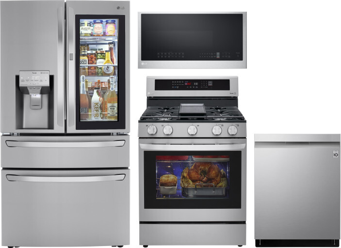 LG 4 Piece Kitchen Appliances Package with French Door Refrigerator, Gas Range, Dishwasher and Over the Range Microwave in Stainless Steel LGRERADWMW3