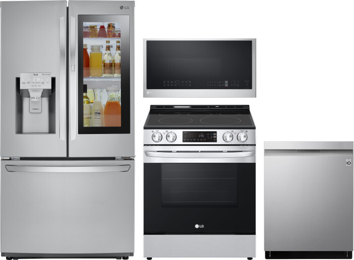 LG 4 Piece Kitchen Appliances Package with French Door Refrigerator, Electric Range, Dishwasher and Over the Range Microwave in Stainless Steel LGRERA