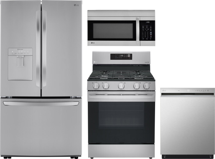 LG 4 Piece Kitchen Appliances Package with French Door Refrigerator, Gas Range, Dishwasher and Over the Range Microwave in Stainless Steel LGRERADWMW3