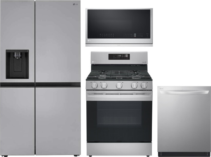 LG 4 Piece Kitchen Appliances Package with Side-by-Side Refrigerator, Gas Range, Dishwasher and Over the Range Microwave in Stainless Steel LGRERADWMW